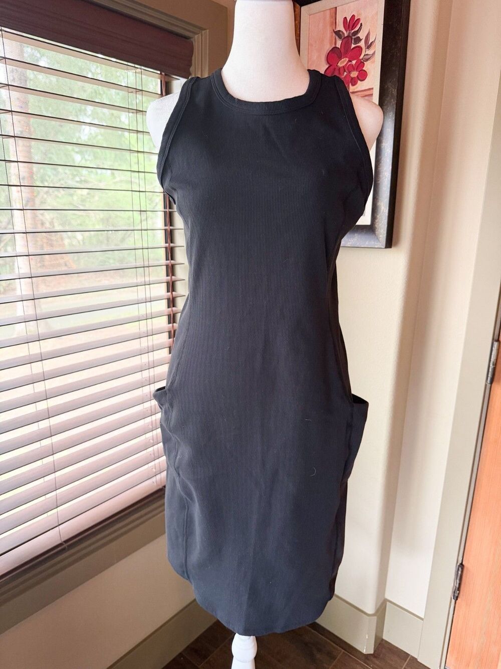 Zella Live In Rib Pocket Dress Black Athletic Sleeveless Ribbed Racerback Small